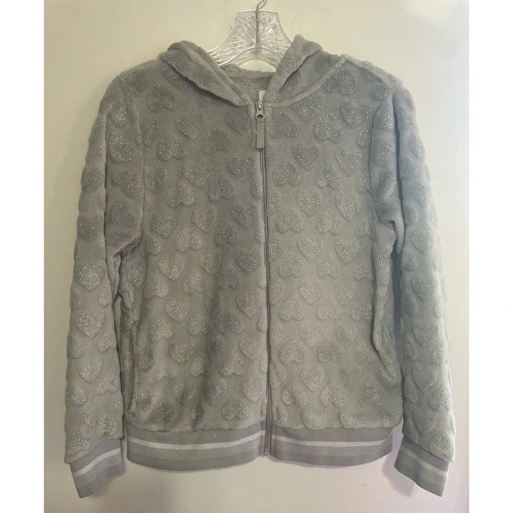 Wonder nation Heart Sherpa Zip Up Hoodie Size 14/16 Extra Large‎ Gray Soft Cozy